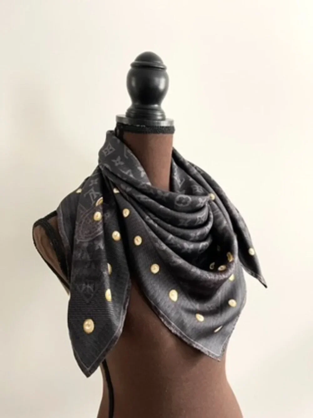 Display #2 Louis Vuitton Monogram Silk Twill Square Scarf Black Gray Gold